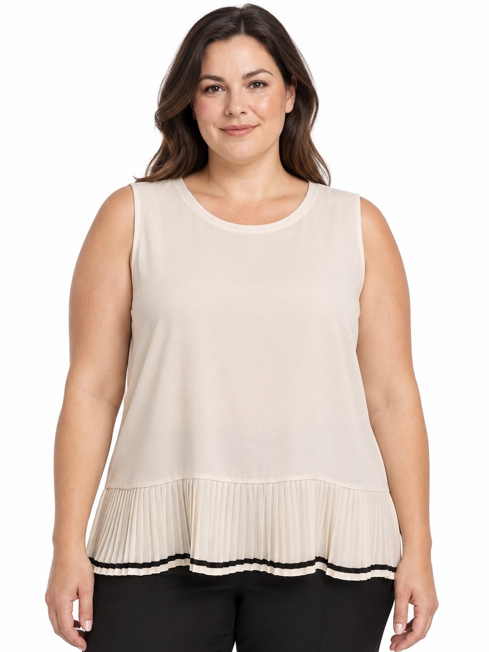 NWT Sleeveless Pleated Hem Tank Top in Cream Black Trim Preppy Career Sz XL